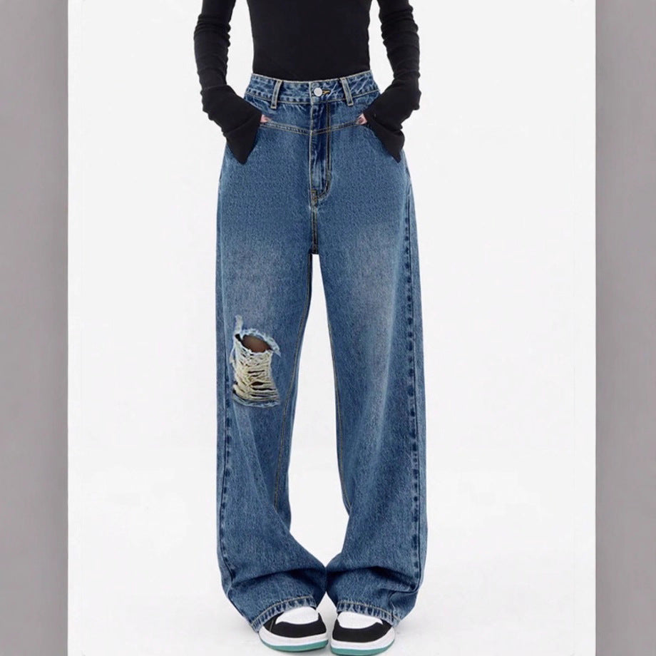 Damen hochtaillierte Oversized-Baggy-Jeans mit Knie-Rip und weitem Bein Drune