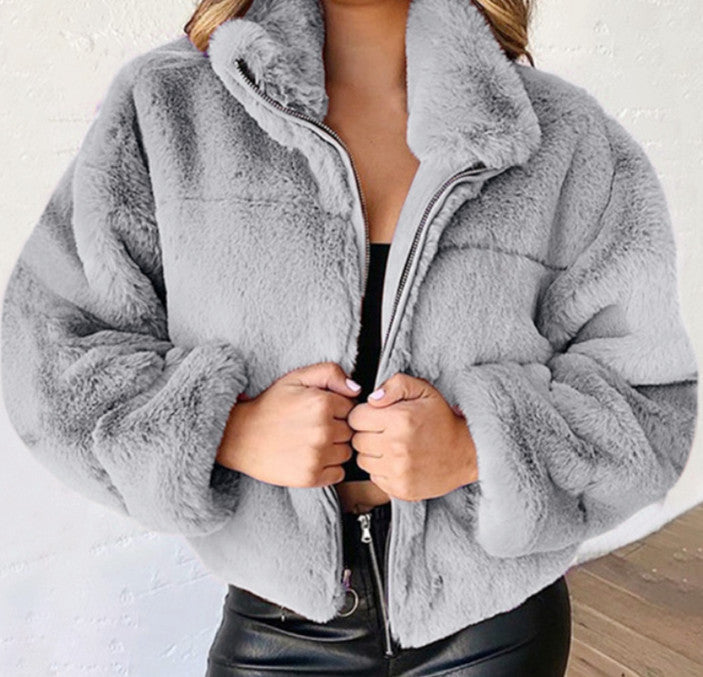 Damen nan kurze kuschelige Kunstpelzjacke mit Stehkragen und Reißverschluss Drune