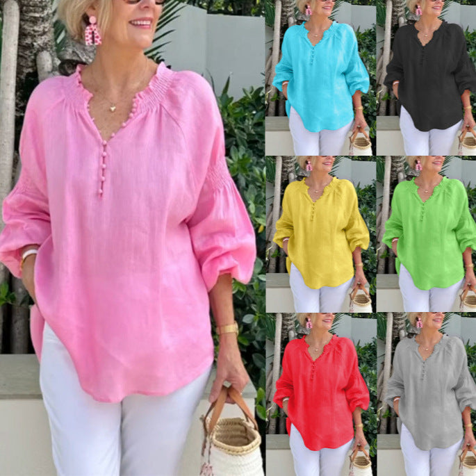 Damen lässige Kleidungsbluse mit Ballonärmeln und Knopfleiste Drune