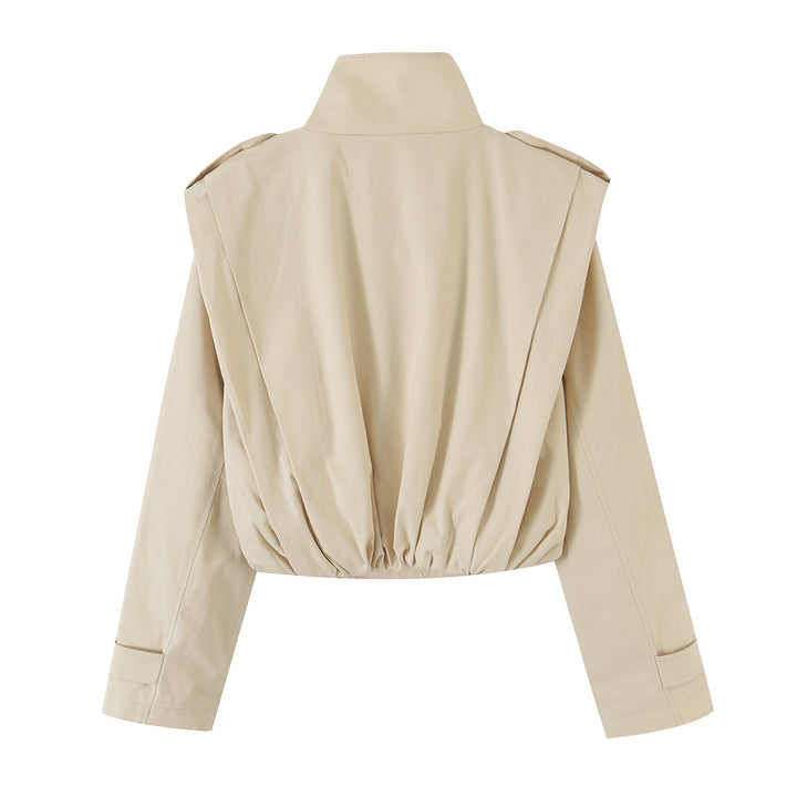 Damen Cropped Doppelreihiger Trench‑Blouson mit Stehkragen und taillierendem Gummizug Drune