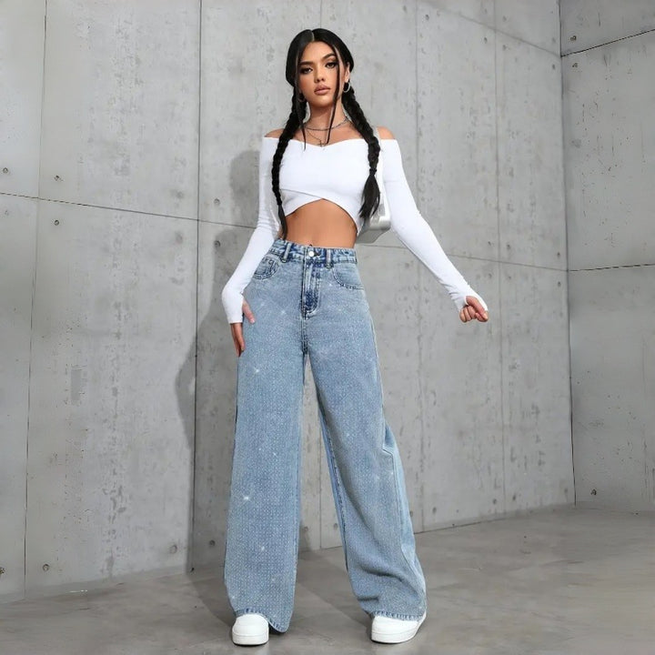 Damen Elegante High-Waist Jeans im weiten Schnitt mit glitzerndem Detail Drune