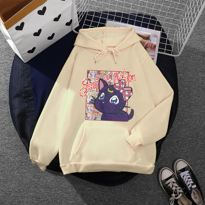 Damen nan Oversize-Kapuzenpullover mit glitzerndem Anime-Katzen-Motiv, Kängurutasche und weichem Fleece-Innenfutter Drune