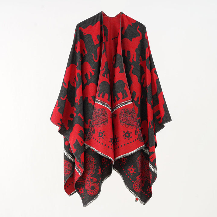 Damen Jacquard‑Ruana mit Elefantenmotiv und ornamentaler Bordüre Drune