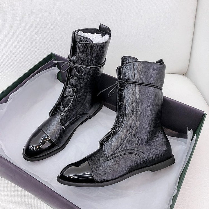 Damen  knöchelhohe Schnürstiefel mit spitzer Kappenausführung und genarbter Lederoptik Drune