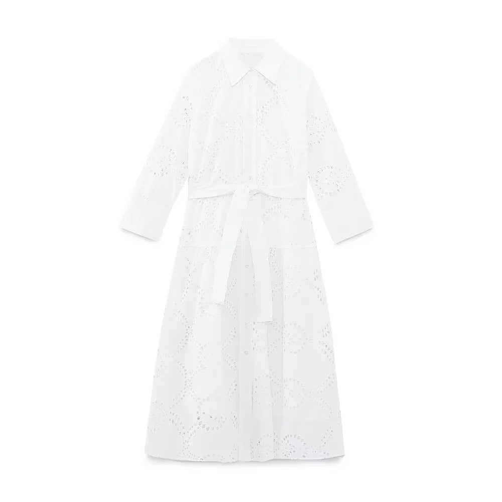 Damen nan langes Broderie-Anglaise Hemdblusenkleid mit Taillengürtel Drune