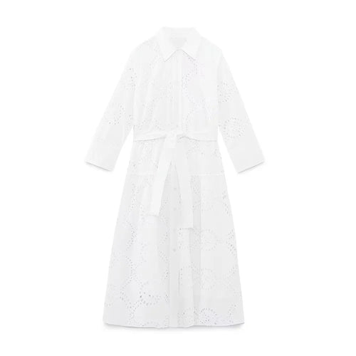 Damen nan langes Broderie-Anglaise Hemdblusenkleid mit Taillengürtel Drune
