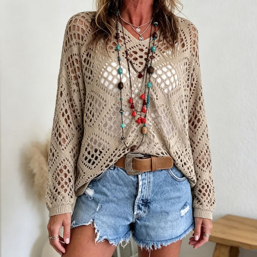 Damen Grobstrick-Häkelpullover mit offenen Maschen und V‑Ausschnitt Drune