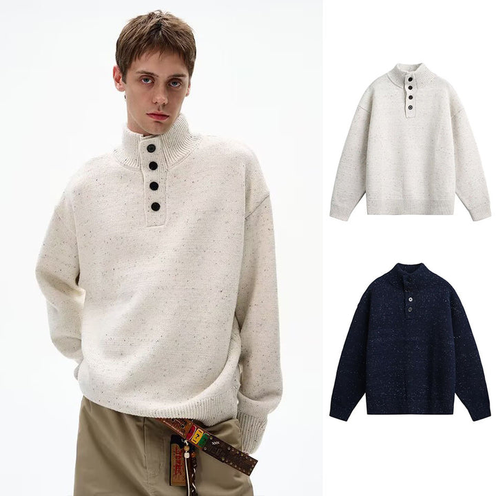 Herren Grobstrick Pullover mit Stehkragen und Knopfdetail Drune