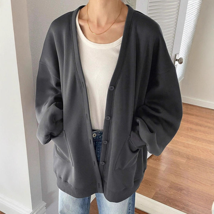 Damen Oversized Sweatcardigan mit Knopfleiste, aufgesetzten Taschen und überschnittener Schulter Drune