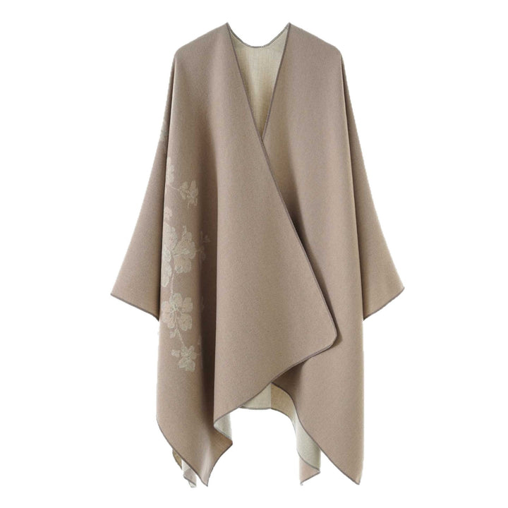 Damen Offener Reversibler Wollmix‑Cape mit floralem Jacquard Drune