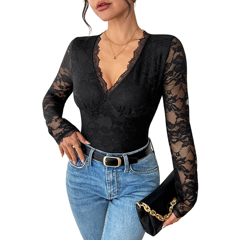 Damen Eleganter Spitzen-Body mit Korsett-Teilung und langen Transparentärmeln Drune