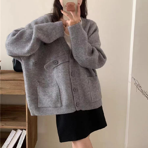 Damen Oversized Strickjacke mit großen Taschen und Knopfdetails Drune
