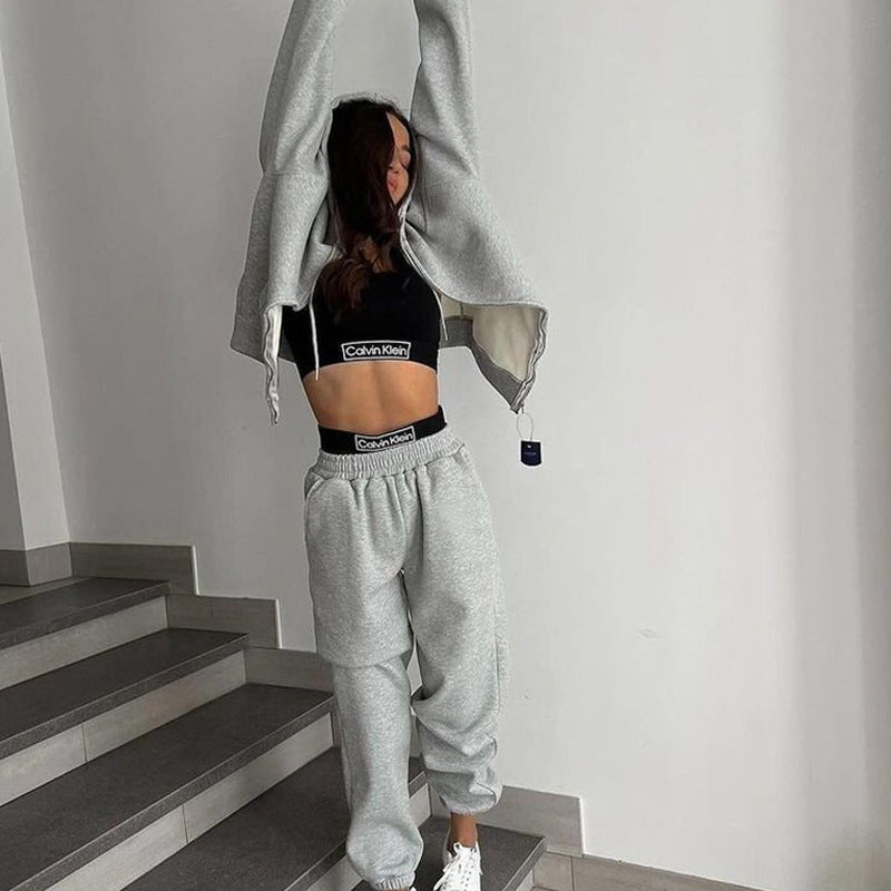 Damen Gekürztes Zip‑Hoodie mit elastischer High‑Waist Jogginghose Drune