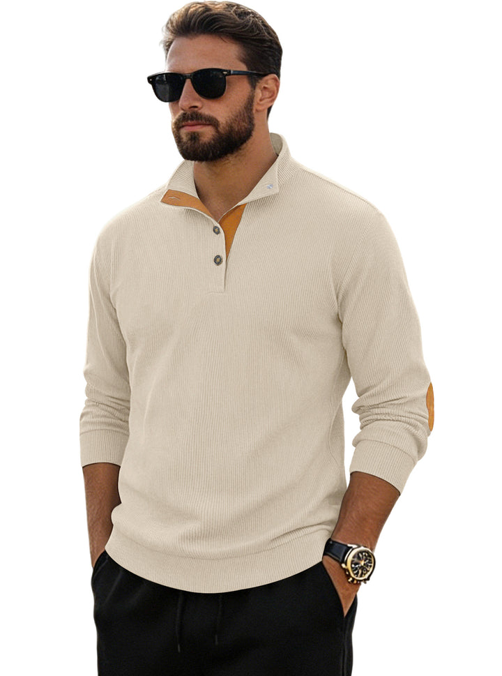 Herren nan fein gerippter Strickpullover mit Polokragen Knopfleiste und Ellenbogenbesatz Drune