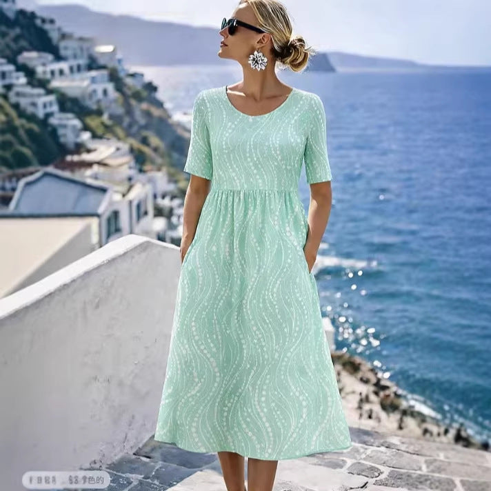 Damen Leichtes Midikleid mit Empire-Taille, halblangen Ärmeln und Eingrifftaschen Drune