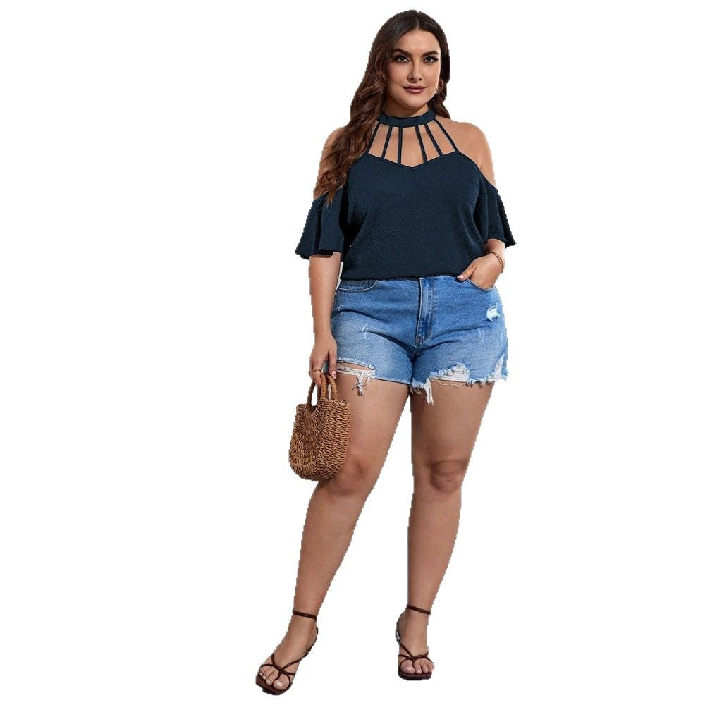 Damen Off-Shoulder Top mit Stehkragen und verspielten Rüschendetails Drune