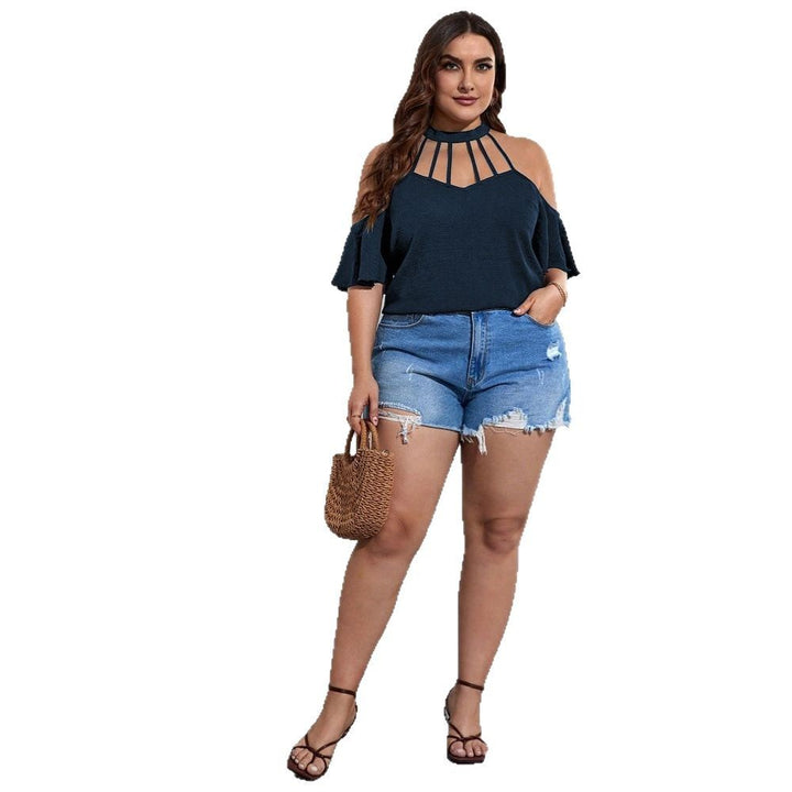 Damen Off-Shoulder Top mit Stehkragen und verspielten Rüschendetails Drune