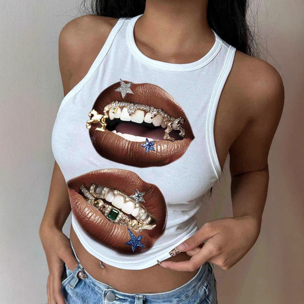 Damen Tanktop mit künstlerischem Lippenmotiv und figurbetontem Schnitt Drune