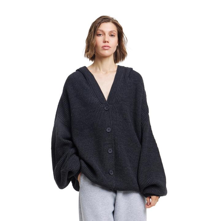 Damen Oversized Strickjacke mit Kapuze und Knopfdetails Drune