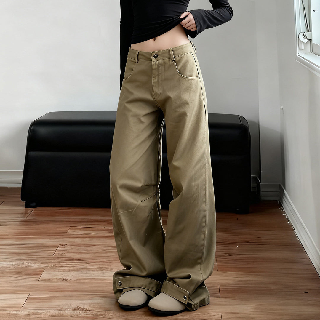 Damen Weite High‑Waist Schlaghose mit verstellbaren Knopfmanschetten und Knieabnähern Drune