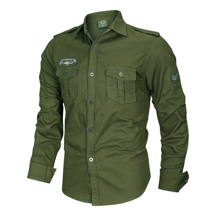 Herren nan tailliertes Fieldhemd aus Baumwoll-Twill mit Schulterklappen, Brustpatten und gestickten Abzeichen Drune