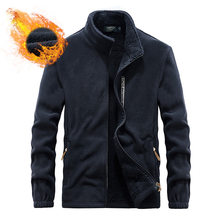 Herren Hochflor-Fleecejacke mit Sherpa-Innenfutter, Stehkragen und verdeckten Reißverschlusstaschen Drune