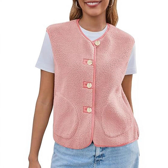 Damen Teddy-Fleece-Weste mit Rundhalsausschnitt und Knopfverschluss Drune