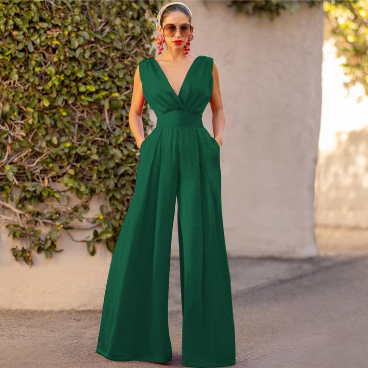 Drune | Jumpsuit Hohe Taille Ärmellos Tiefer V-ausschnitt Weite Beinform Elegante Passform