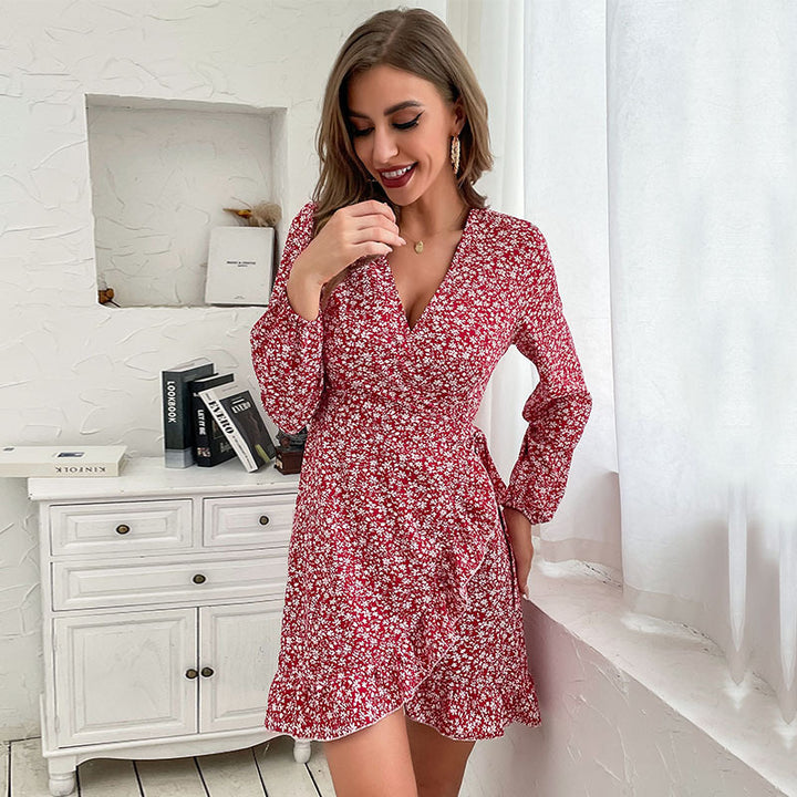 Damen Wickelkleid mit floralen Mustern und taillierbarem Gürtel Drune