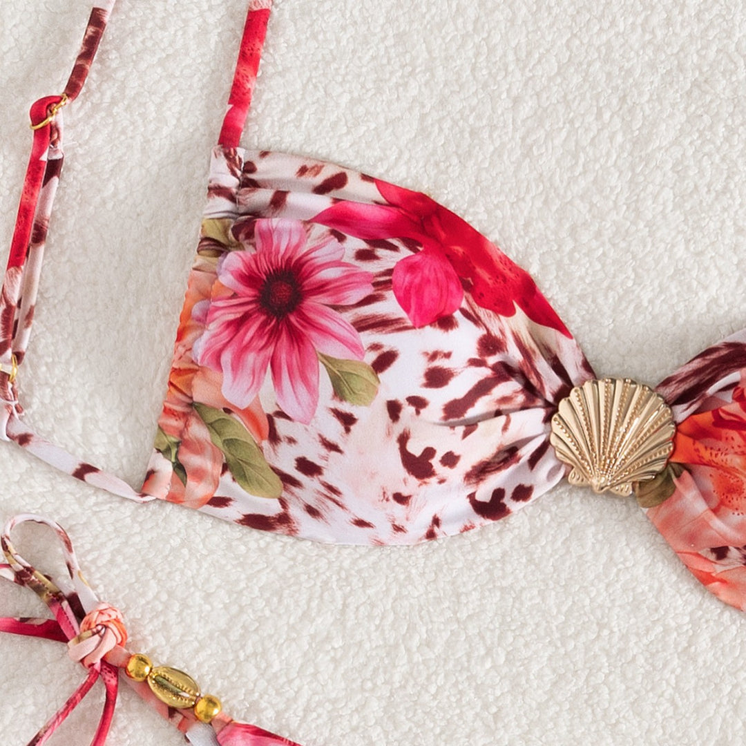 Damen Bandeau-Bikini mit floralem Design und goldenen Akzenten Drune