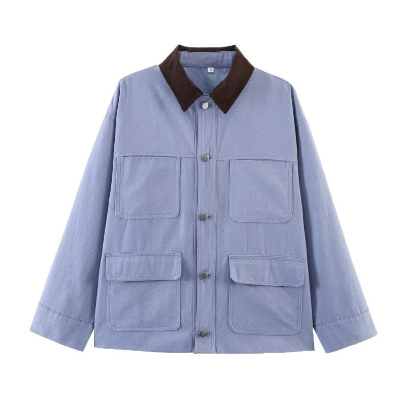 Damen Overshirt-Jacke mit Kontrastkragen und vier aufgesetzten Taschen Drune