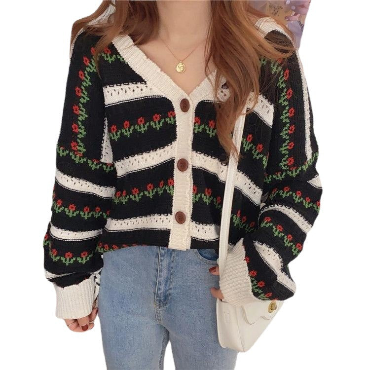 Damen modische Strickjacke mit floralem Design und breiten Ärmeln Drune