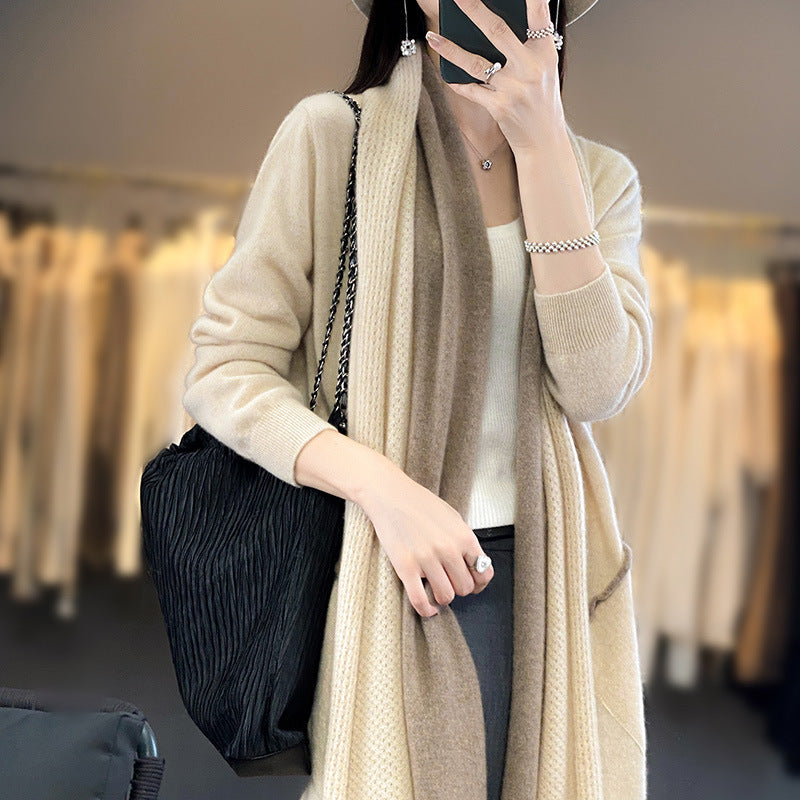 Damen Langer offener Cardigan in Kaschmir‑Look mit Schalkragen und Eingriffstaschen Drune