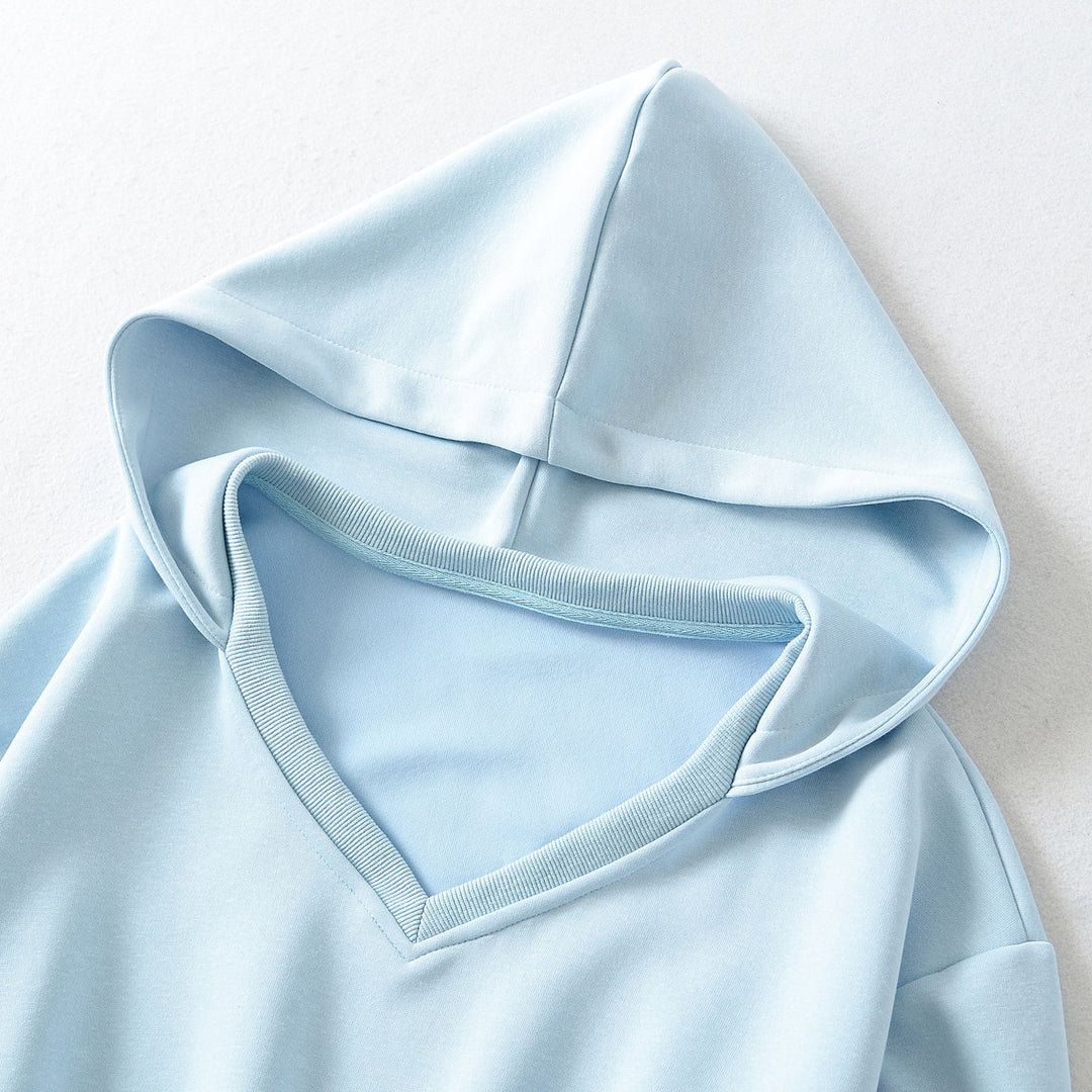 Damen Komfort-Lounge-Set mit kurzem V-Kapuzenpullover und hochgeschnittenen Weitbein-Joggern Drune