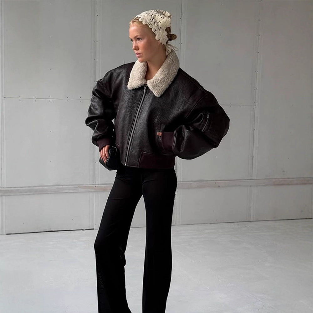 Damen Oversized Fliegerjacke im Biker-Bomber-Stil mit Teddykragen Drune