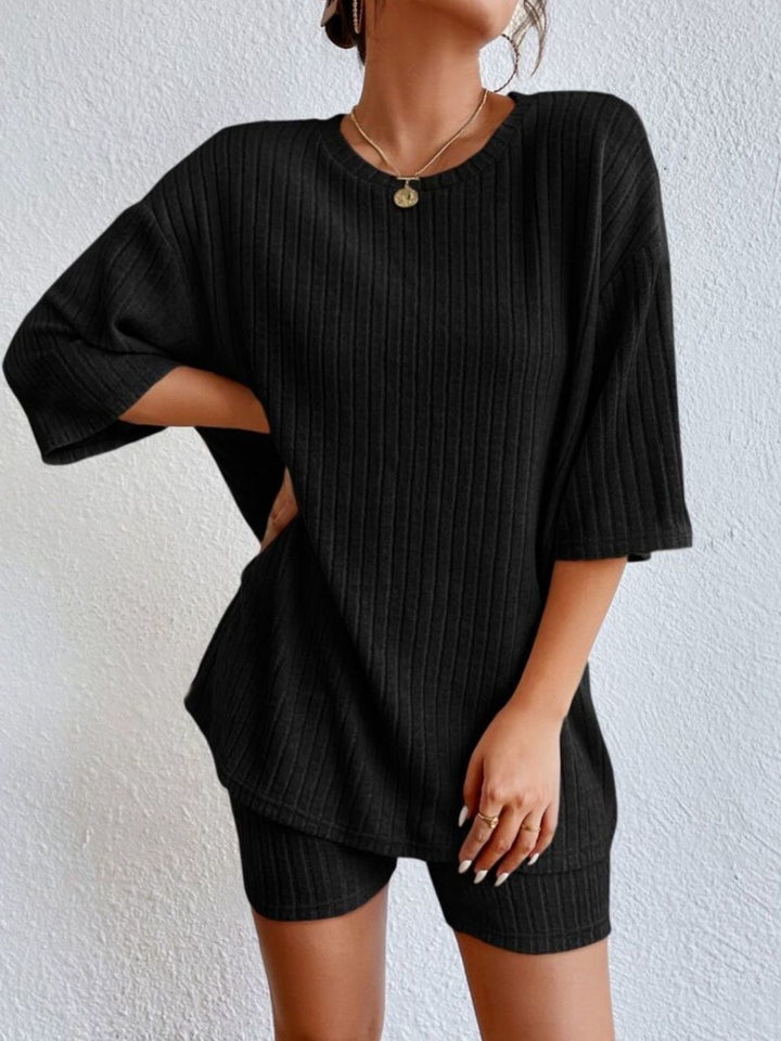 Damen Lässiges Rippstrick-Lounge-Set mit Oversize-Kurzarmoberteil und High-Waist-Biker-Shorts Drune