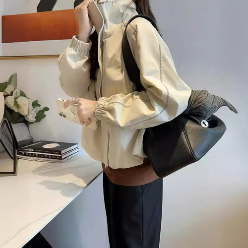 Damen Modische Übergangsjacke mit hohem Kragen und Druckknopfverschlüssen Drune