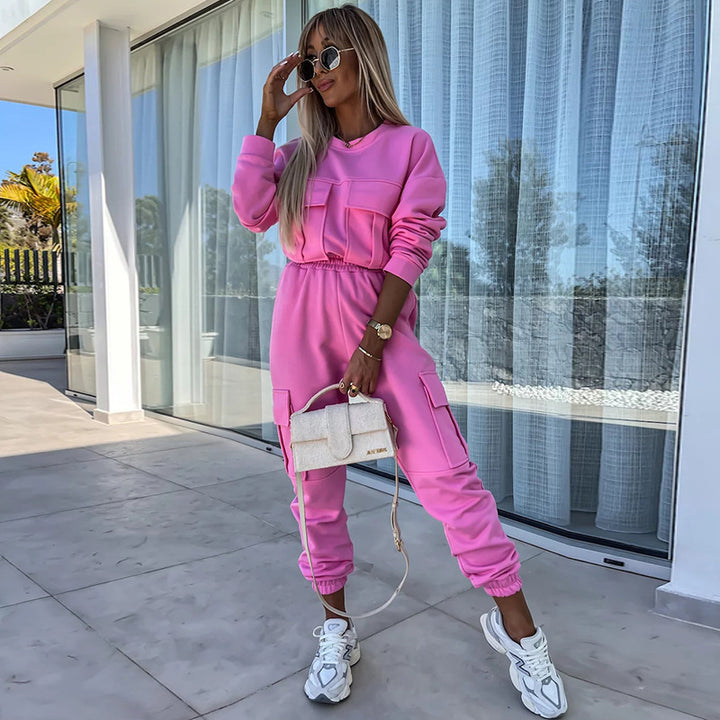 Damen Cargo-Loungewear-Set aus weicher Baumwollmischung mit hoher Taille und aufgesetzten Cargo-Taschen Drune