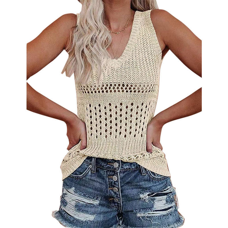 Damen luftiges Stricktop mit V-Ausschnitt und feinen Lochmustern Drune