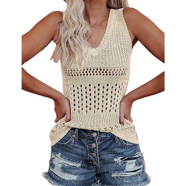 Damen luftiges Stricktop mit V-Ausschnitt und feinen Lochmustern Drune