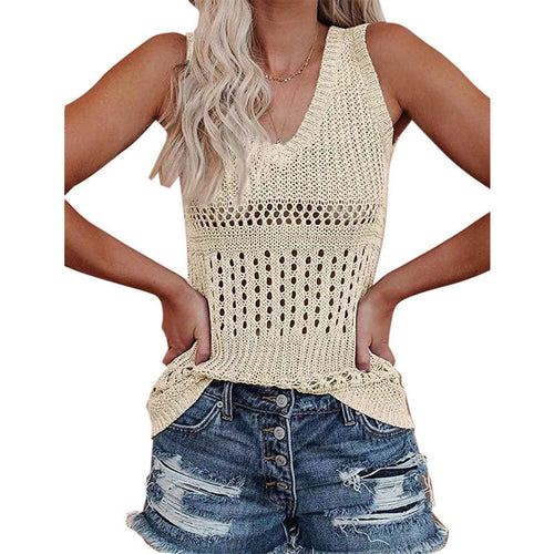 Damen luftiges Stricktop mit V-Ausschnitt und feinen Lochmustern Drune