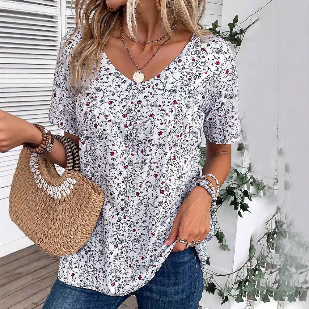 Damen nan lässiges Kurzarm-Tunika-Shirt mit Rundhalsausschnitt, zartem Blumenallover und dekorativen Brustfalten Drune