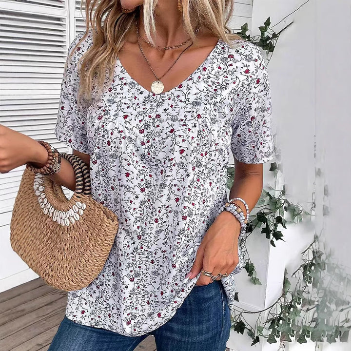 Damen nan locker geschnittene Kurzarmbluse mit V-Ausschnitt, feinem Blumenprint und Kellerfalte Drune