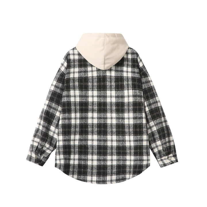 Unisex Oversized Karo-Hemdjacke mit Kapuze, Druckknöpfen und Brusttasche Drune