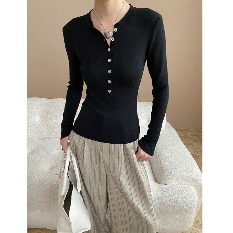 Damen Langarm-Henley-Shirt aus feinem Rippmaterial mit Knopfleiste Drune