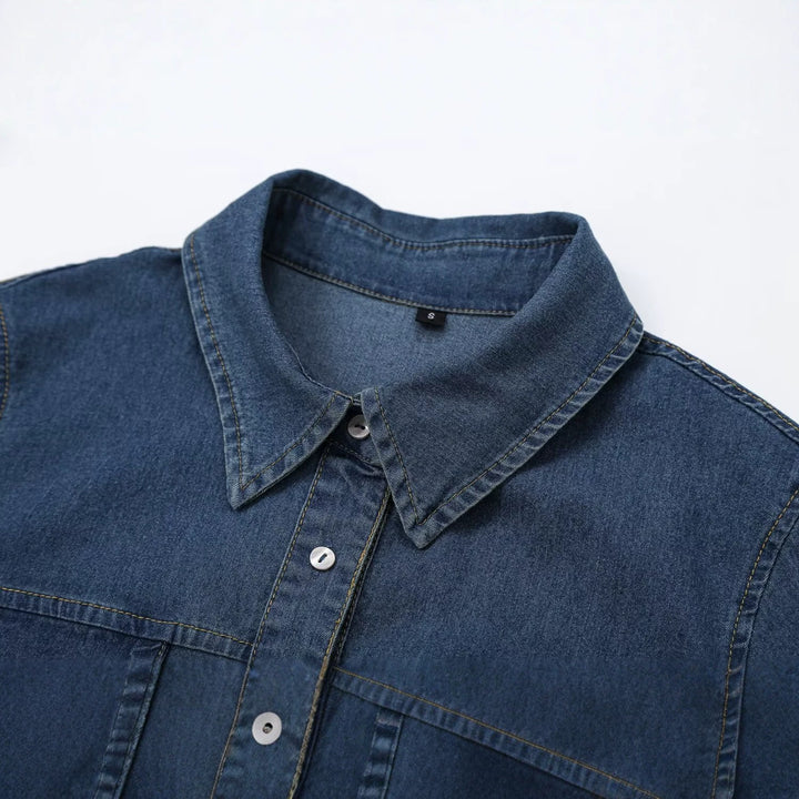 Damen Kurzärmeliges Denim-Hemdkleid mit durchgehender Knopfleiste und Brustklappentaschen Drune
