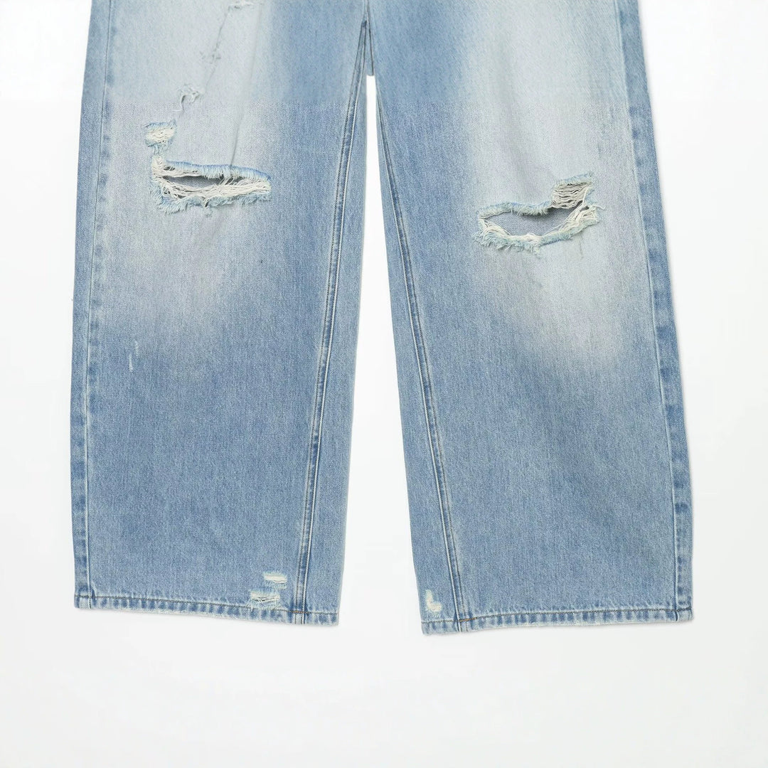 Damen Hochgeschnittene weite Denim-Jeans mit Destroyed-Details und Tunnelzug Drune