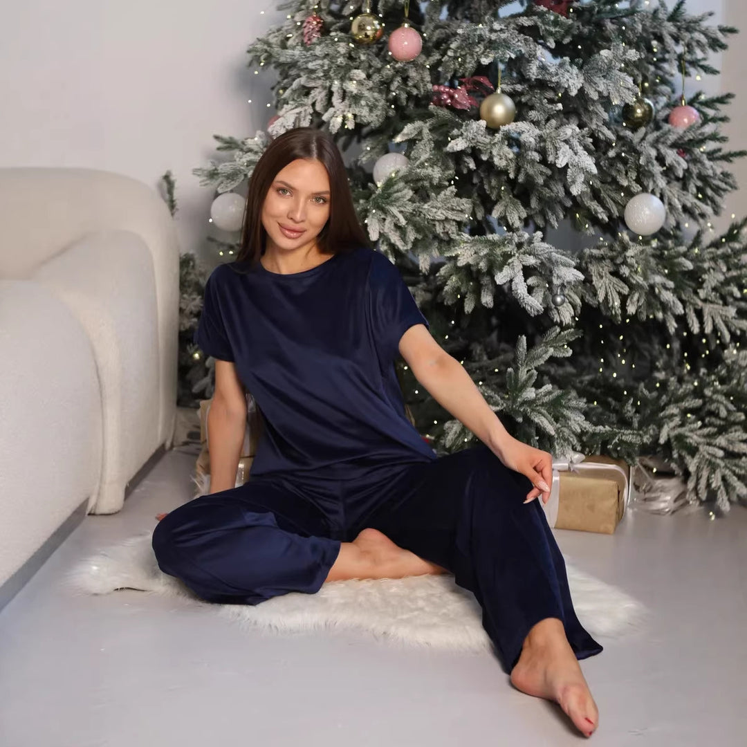Damen Satin-Loungewear-Set mit lässigem Schnitt und weit geschnittenen Hosen