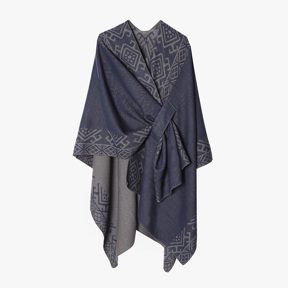 Damen Capeponcho mit Knotenverschluss, doppellagigem Jacquard und weichem Wollmix Drune