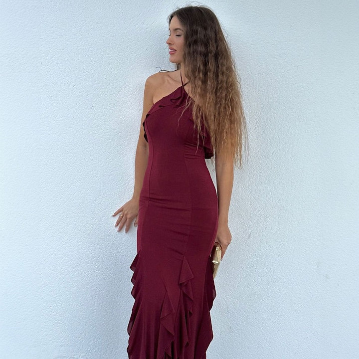Damen Exklusives Maxikleid mit asymmetrischem Rüschenverlauf und elegantem Schnitt Drune